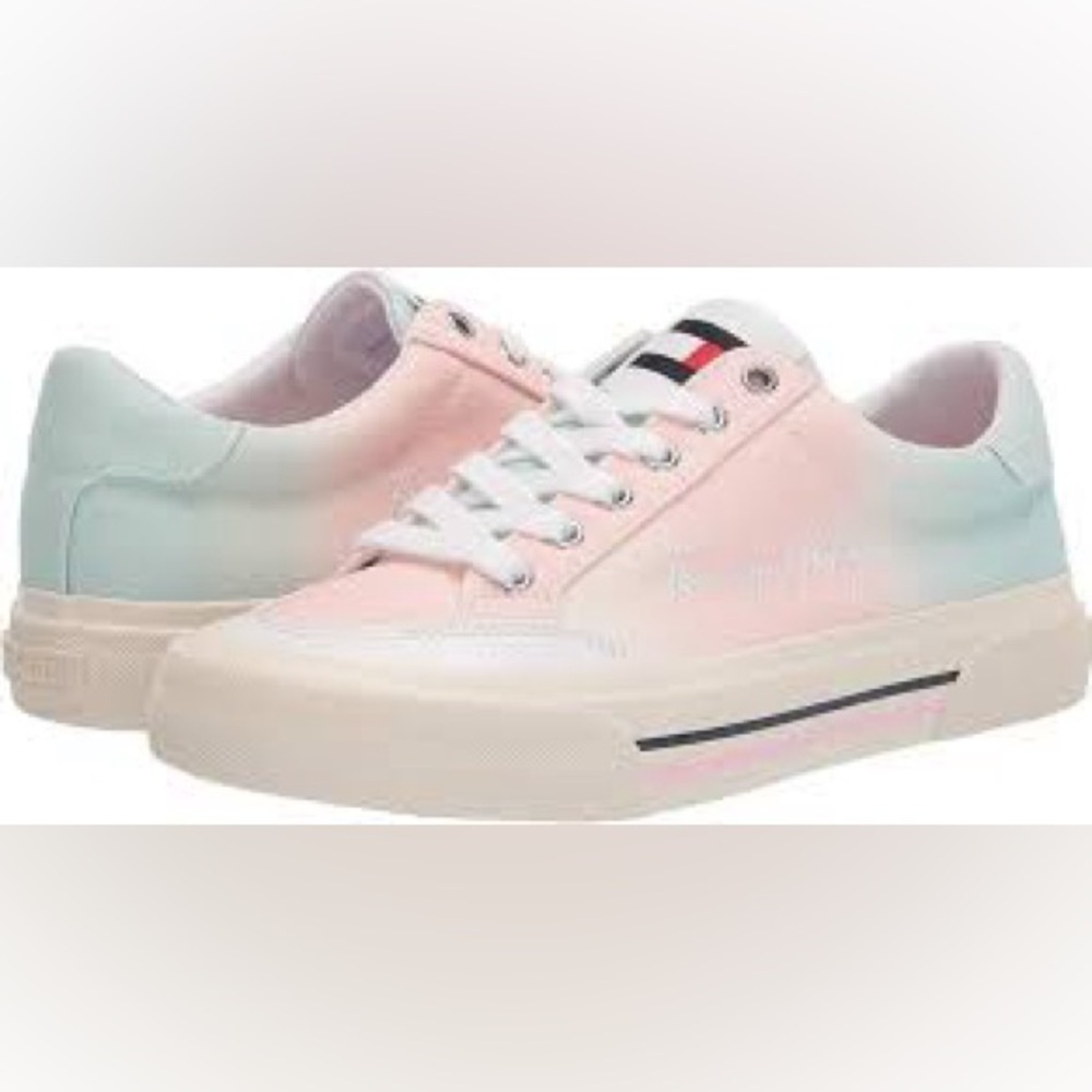 🆕 TOMMY HILFIGER FRENCH CANVAS SPORT LUX SNEAKER IN PASTEL BLUE/PINK WHITE